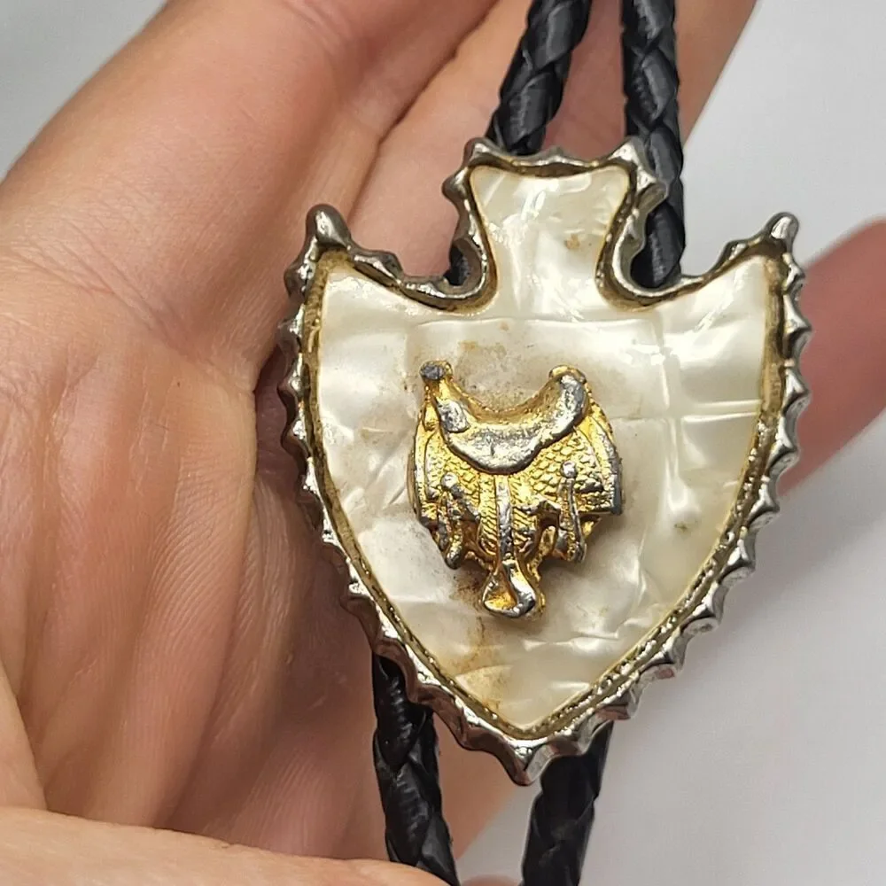 Boot Bolo Tie, Gold Tone Boot Boots on Faux Mother of Pearl Bolo Tie 34in